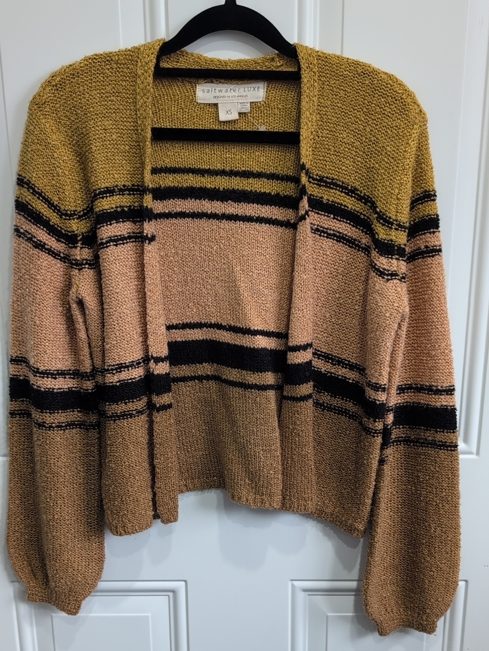 Saltwater Luxe Women’s Open-Front Striped Knit Cardigan - Mustard & Blush
